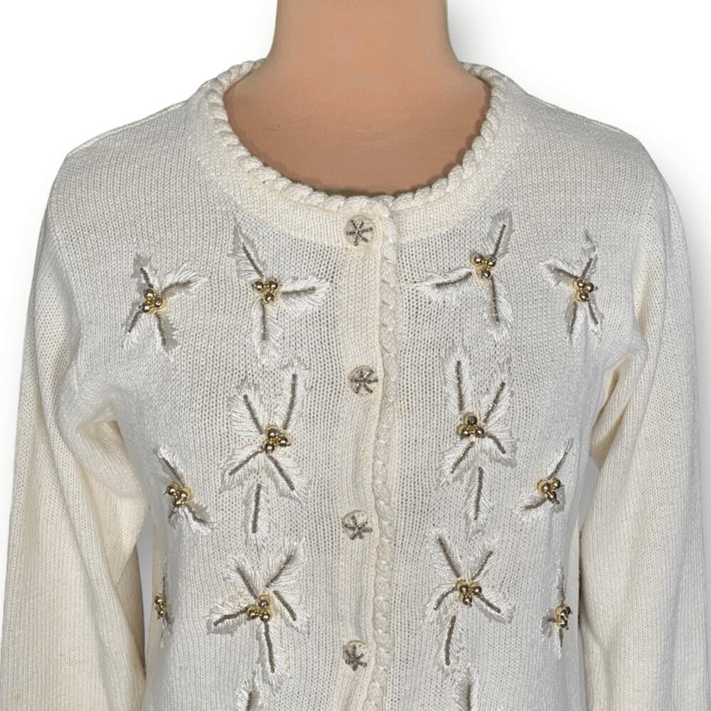 Winter Off White Beaded Floral Cardigan Holiday Sweater Embroidered Button Front